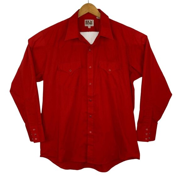 Vtg Ely Cattlemen Pearl Snap Shirt Red Western Cowboy Rodeo Americana Size 17/34 - Picture 10 of 10